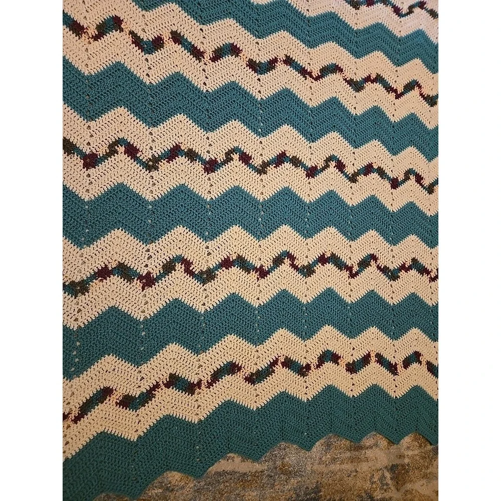 VTG 70s Crochet Afghan Blanket Turquoise White Burgundy Chevron Boho MCM 67x57